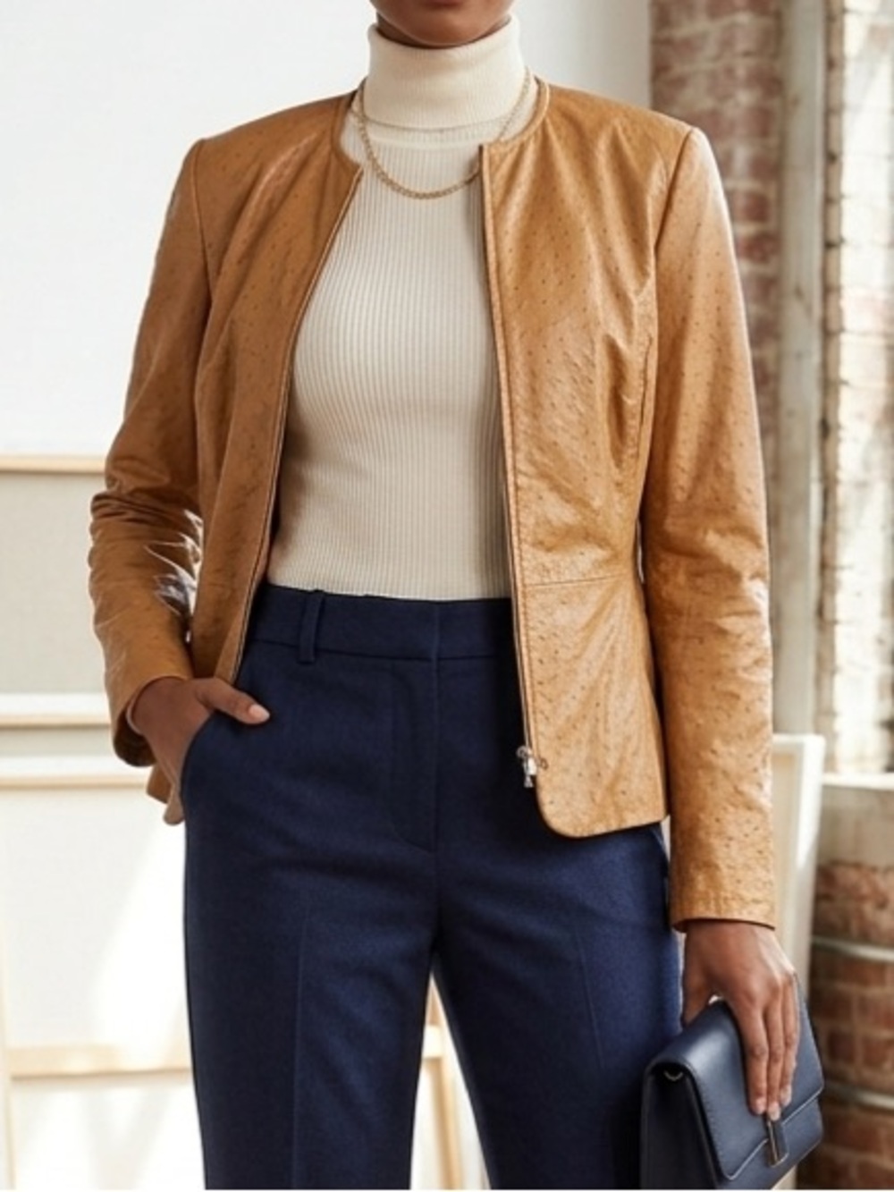 Liz Claiborne Vintage Tan Y2K  Leather Jacket, Rare Retro‎ 90s Style Size 4P